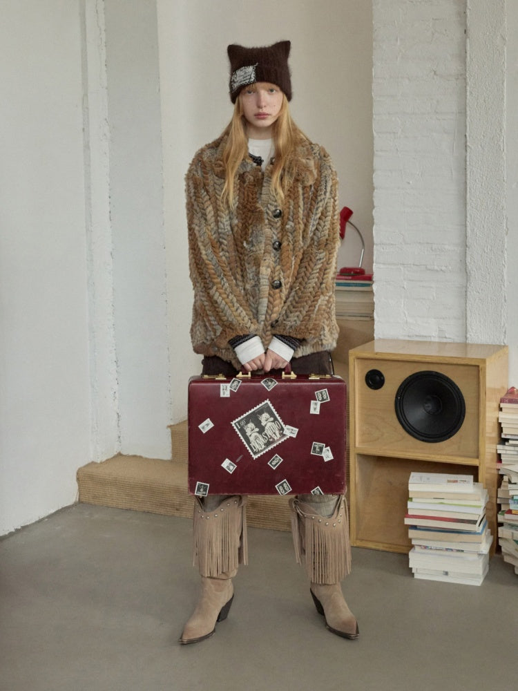 Maillard Grass Yellow Rabbit Fur Contrast Braided Fur Mid-Length Lazy Shirt Type Jacket【s0000014957】