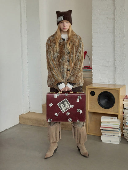 Maillard Grass Yellow Rabbit Fur Contrast Braided Fur Mid-Length Lazy Shirt Type Jacket【s0000014957】