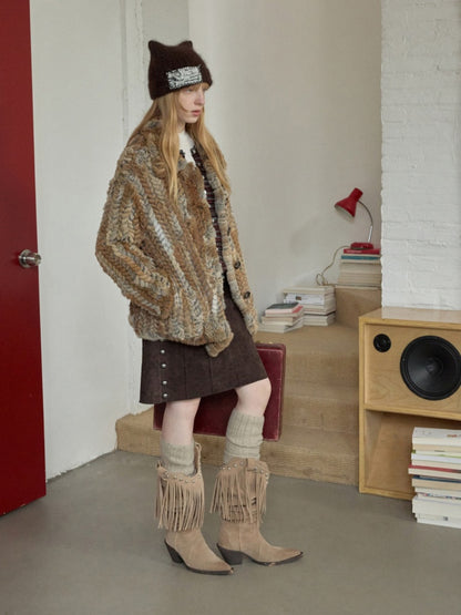 Maillard Grass Yellow Rabbit Fur Contrast Braided Fur Mid-Length Lazy Shirt Type Jacket【s0000014957】