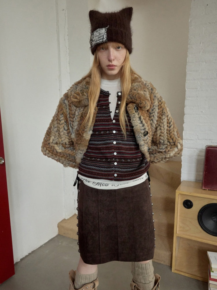 Maillard Grass Yellow Rabbit Fur Contrast Braided Fur Mid-Length Lazy Shirt Type Jacket【s0000014957】