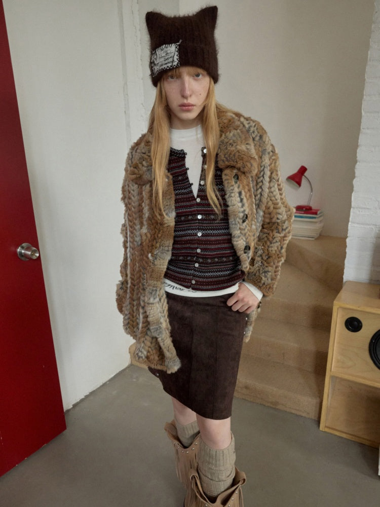 Maillard Grass Yellow Rabbit Fur Contrast Braided Fur Mid-Length Lazy Shirt Type Jacket【s0000014957】