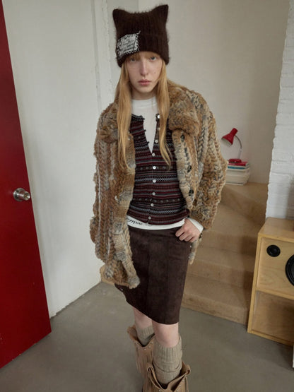 Maillard Grass Yellow Rabbit Fur Contrast Braided Fur Mid-Length Lazy Shirt Type Jacket【s0000014957】
