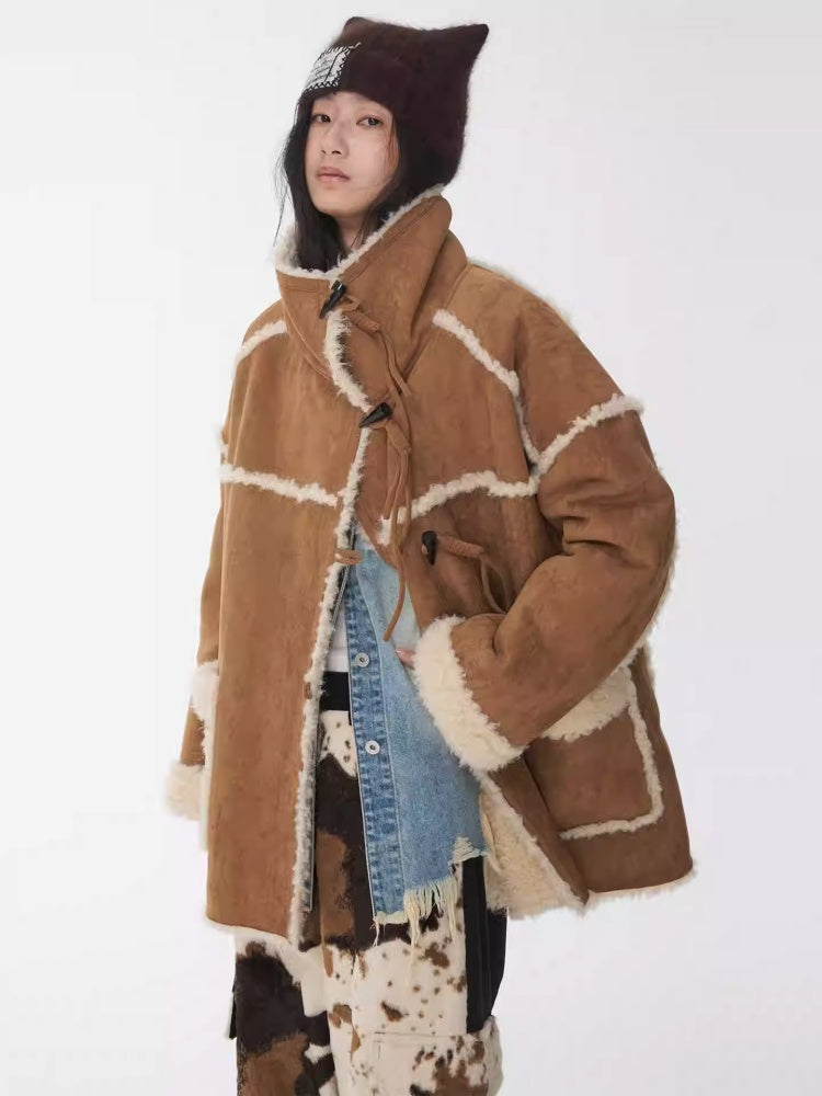 Horn Buckle Stand-Up Collar Fur Integrated Lambs Wool  Reversible Suede Jacket【s0000014958】