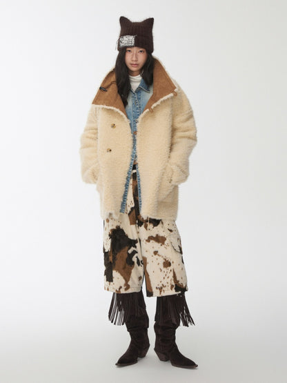 Horn Buckle Stand-Up Collar Fur Integrated Lambs Wool  Reversible Suede Jacket【s0000014958】