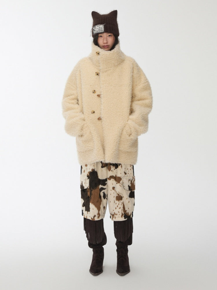 Horn Buckle Stand-Up Collar Fur Integrated Lambs Wool  Reversible Suede Jacket【s0000014958】