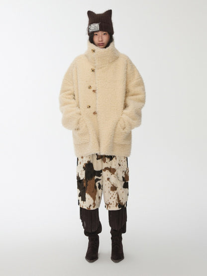 Horn Buckle Stand-Up Collar Fur Integrated Lambs Wool  Reversible Suede Jacket【s0000014958】