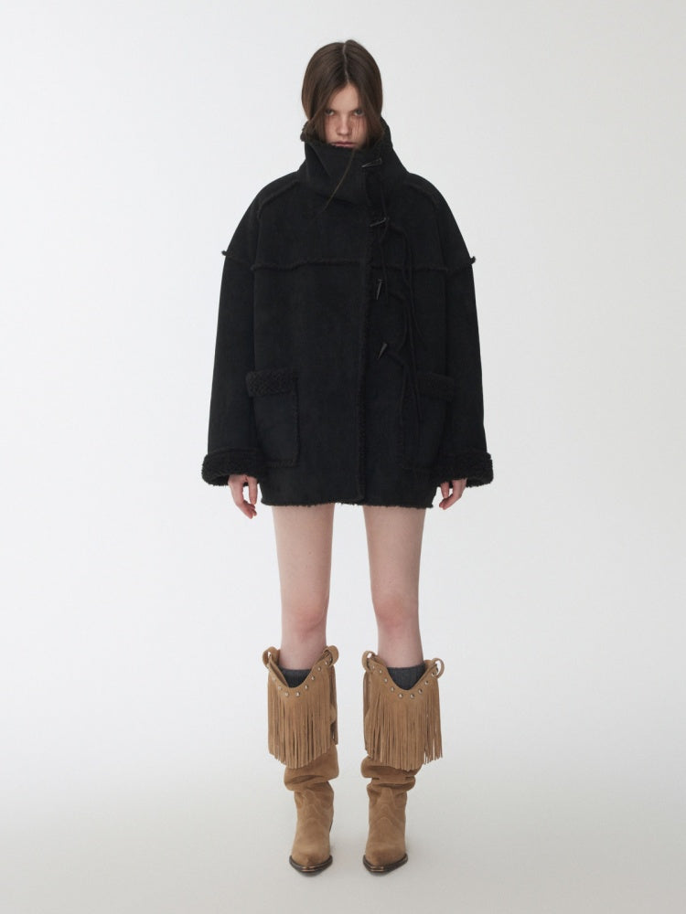 Horn Buckle Stand-Up Collar Fur Integrated Lambs Wool  Reversible Suede Jacket【s0000014958】