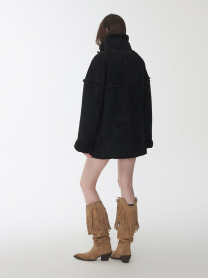 Horn Buckle Stand-Up Collar Fur Integrated Lambs Wool  Reversible Suede Jacket【s0000014958】