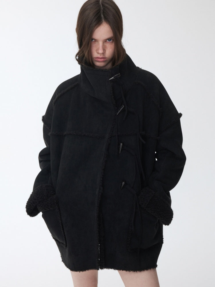 Horn Buckle Stand-Up Collar Fur Integrated Lambs Wool  Reversible Suede Jacket【s0000014958】