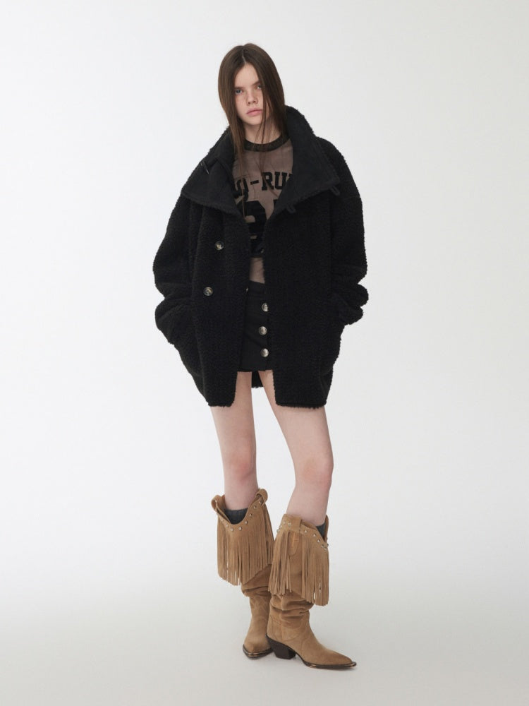 Horn Buckle Stand-Up Collar Fur Integrated Lambs Wool  Reversible Suede Jacket【s0000014958】