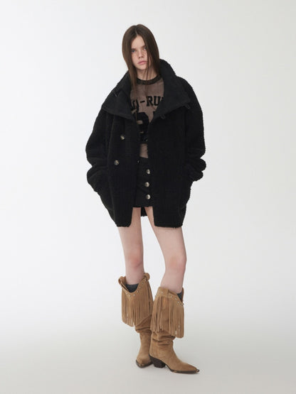 Horn Buckle Stand-Up Collar Fur Integrated Lambs Wool  Reversible Suede Jacket【s0000014958】