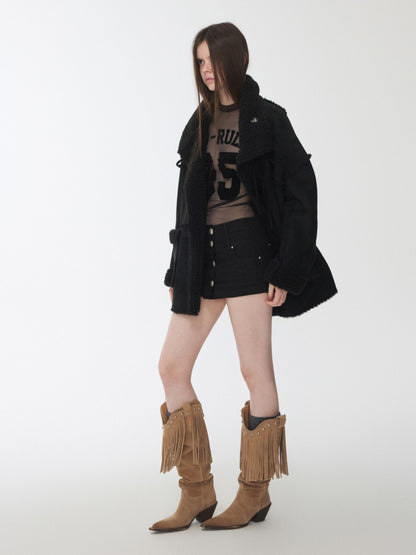 Horn Buckle Stand-Up Collar Fur Integrated Lambs Wool  Reversible Suede Jacket【s0000014958】