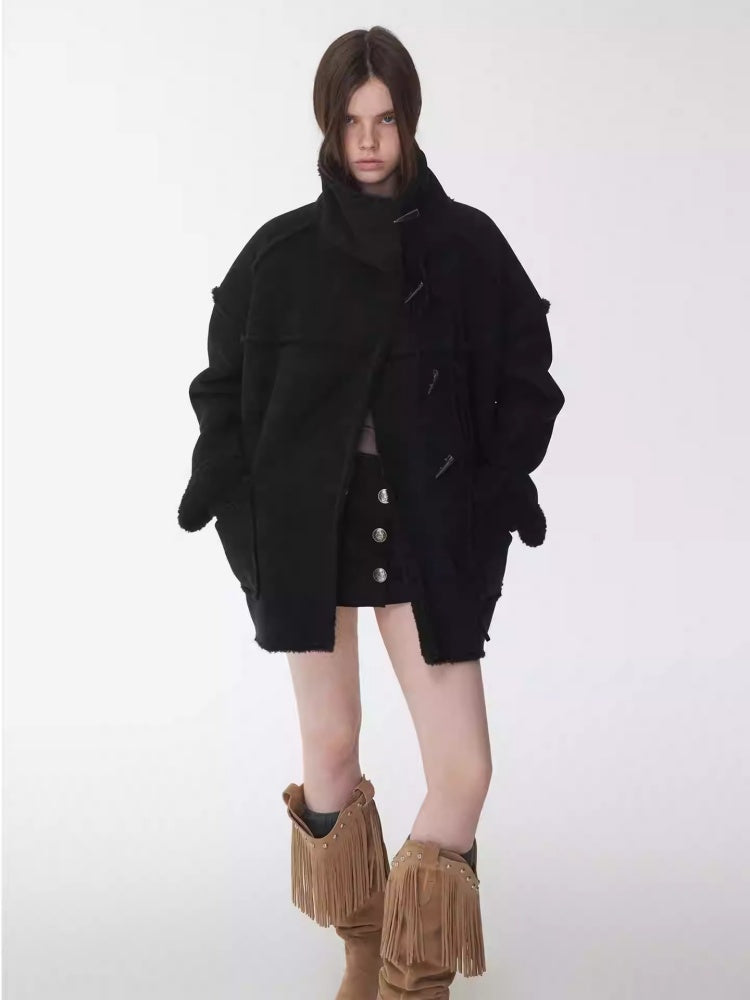 Horn Buckle Stand-Up Collar Fur Integrated Lambs Wool  Reversible Suede Jacket【s0000014958】