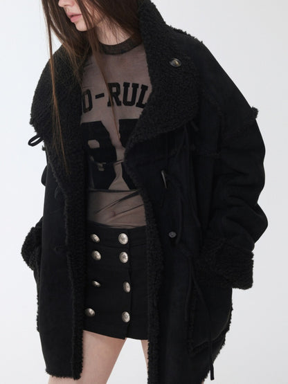 Horn Buckle Stand-Up Collar Fur Integrated Lambs Wool  Reversible Suede Jacket【s0000014958】