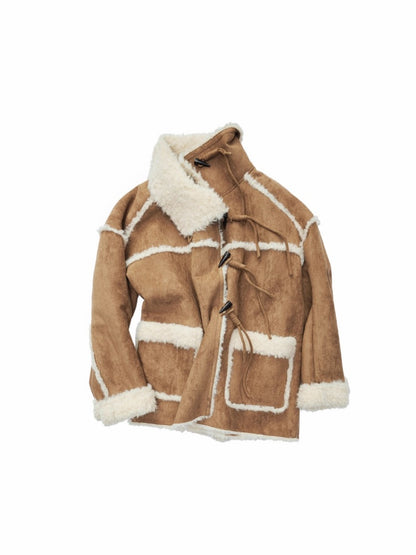 Horn Buckle Stand-Up Collar Fur Integrated Lambs Wool  Reversible Suede Jacket【s0000014958】