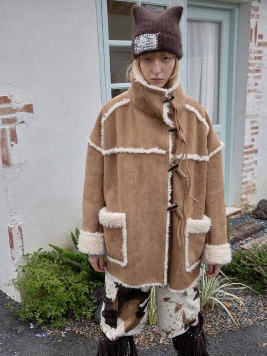 Horn Buckle Stand-Up Collar Fur Integrated Lambs Wool  Reversible Suede Jacket【s0000014958】