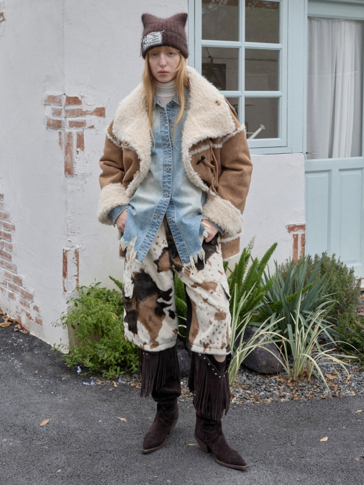 Horn Buckle Stand-Up Collar Fur Integrated Lambs Wool  Reversible Suede Jacket【s0000014958】