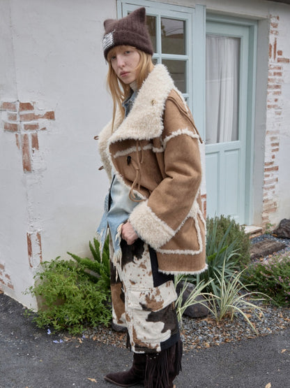 Horn Buckle Stand-Up Collar Fur Integrated Lambs Wool  Reversible Suede Jacket【s0000014958】