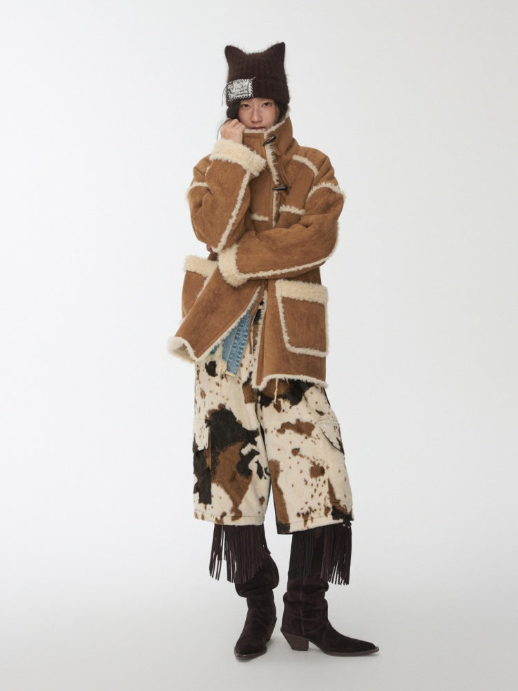 Horn Buckle Stand-Up Collar Fur Integrated Lambs Wool  Reversible Suede Jacket【s0000014958】