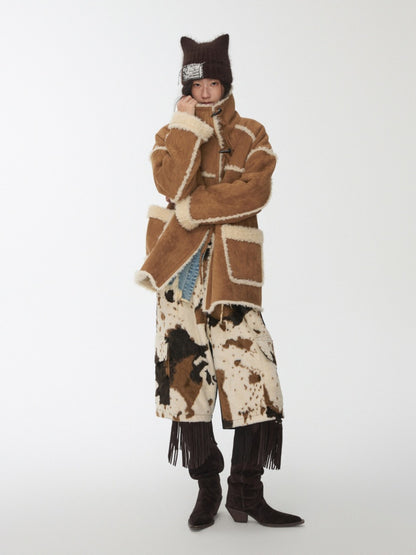 Horn Buckle Stand-Up Collar Fur Integrated Lambs Wool  Reversible Suede Jacket【s0000014958】