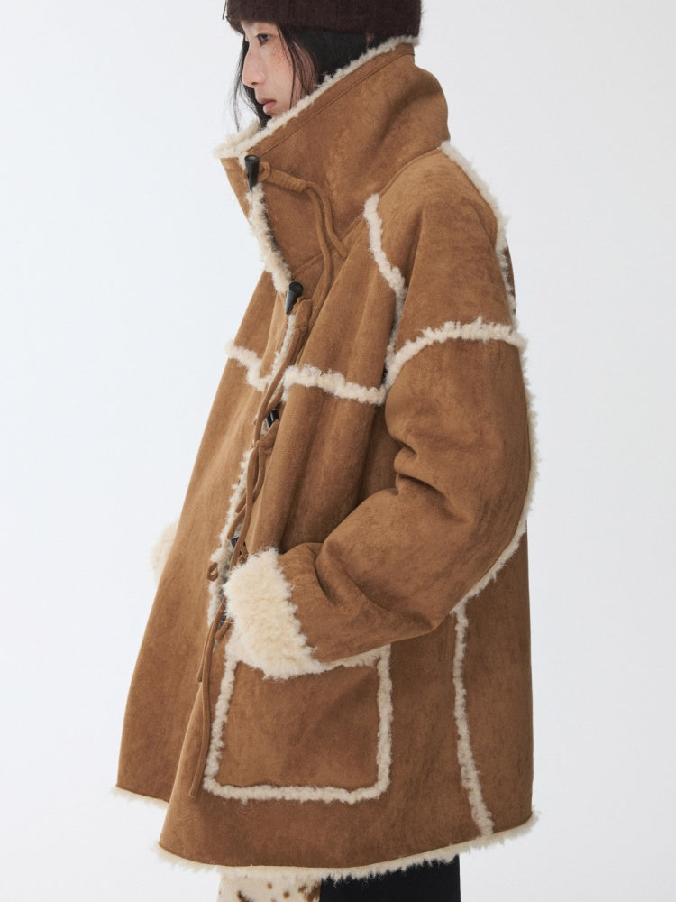 Horn Buckle Stand-Up Collar Fur Integrated Lambs Wool  Reversible Suede Jacket【s0000014958】