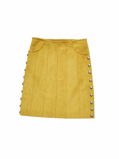 Vintage Suede Riveted High-Waisted A-Line Midi Waist With Rope Design Skirt【s0000014959】