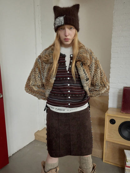 Vintage Suede Riveted High-Waisted A-Line Midi Waist With Rope Design Skirt【s0000014959】