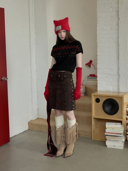 Vintage Suede Riveted High-Waisted A-Line Midi Waist With Rope Design Skirt【s0000014959】