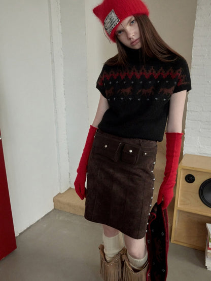 Vintage Suede Riveted High-Waisted A-Line Midi Waist With Rope Design Skirt【s0000014959】