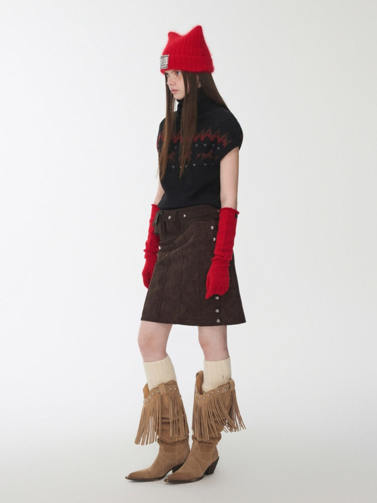 Vintage Suede Riveted High-Waisted A-Line Midi Waist With Rope Design Skirt【s0000014959】