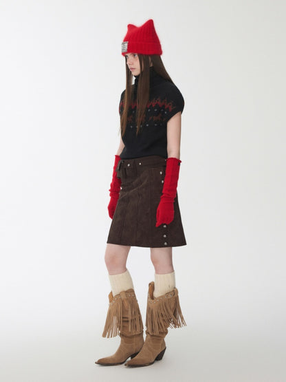 Vintage Suede Riveted High-Waisted A-Line Midi Waist With Rope Design Skirt【s0000014959】