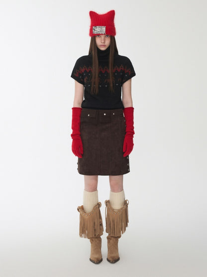 Vintage Suede Riveted High-Waisted A-Line Midi Waist With Rope Design Skirt【s0000014959】