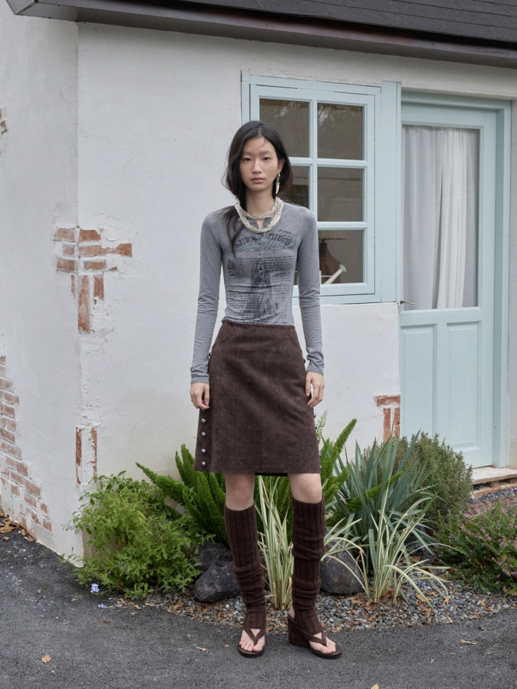 Vintage Suede Riveted High-Waisted A-Line Midi Waist With Rope Design Skirt【s0000014959】