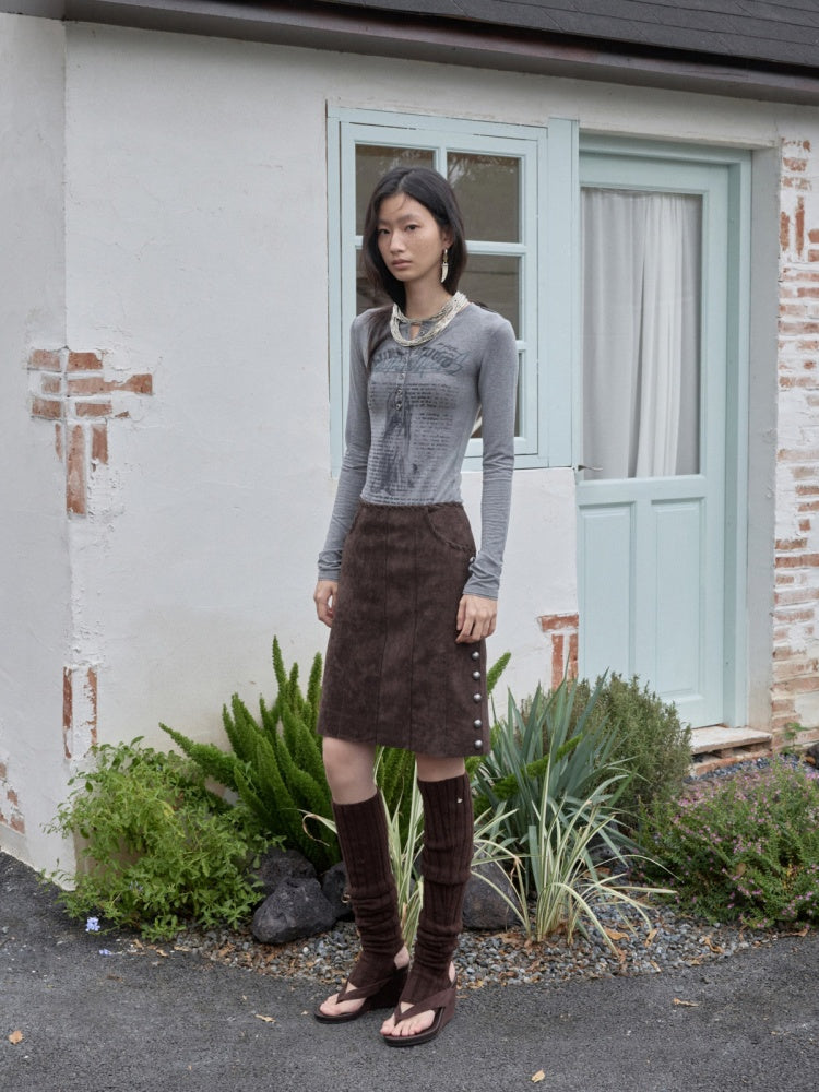 Vintage Suede Riveted High-Waisted A-Line Midi Waist With Rope Design Skirt【s0000014959】