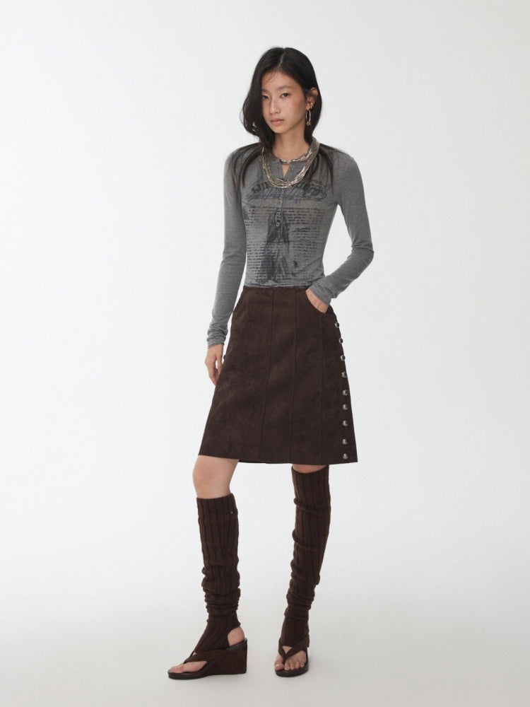 Vintage Suede Riveted High-Waisted A-Line Midi Waist With Rope Design Skirt【s0000014959】