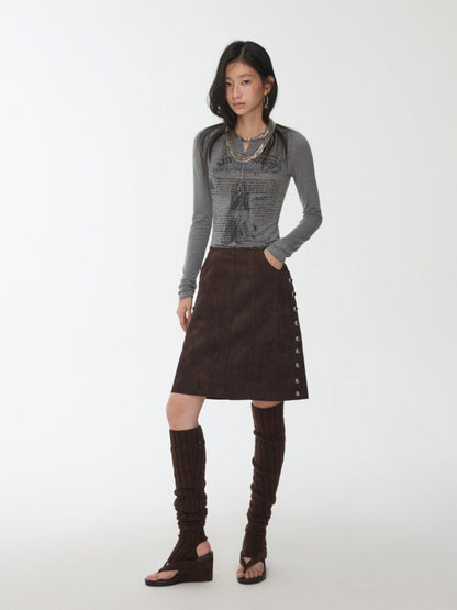 Vintage Suede Riveted High-Waisted A-Line Midi Waist With Rope Design Skirt【s0000014959】