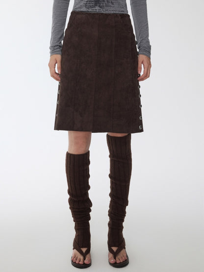 Vintage Suede Riveted High-Waisted A-Line Midi Waist With Rope Design Skirt【s0000014959】