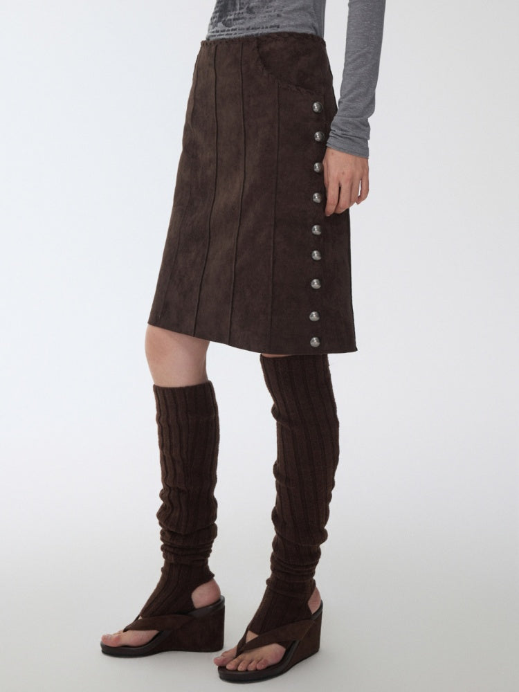 Vintage Suede Riveted High-Waisted A-Line Midi Waist With Rope Design Skirt【s0000014959】