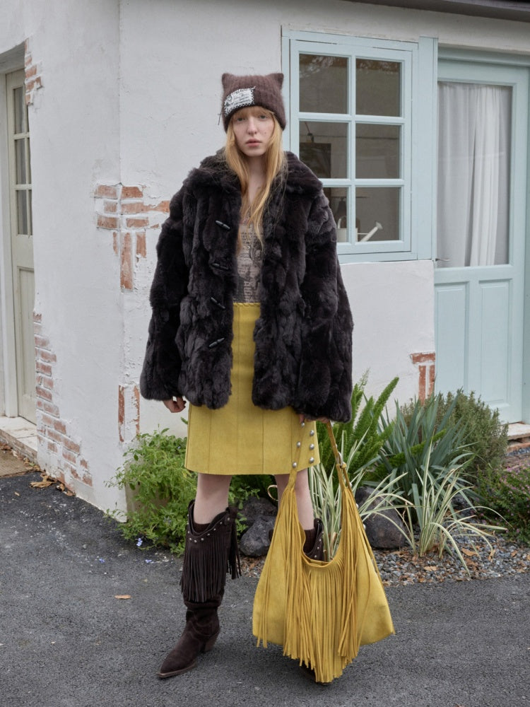 Vintage Suede Riveted High-Waisted A-Line Midi Waist With Rope Design Skirt【s0000014959】