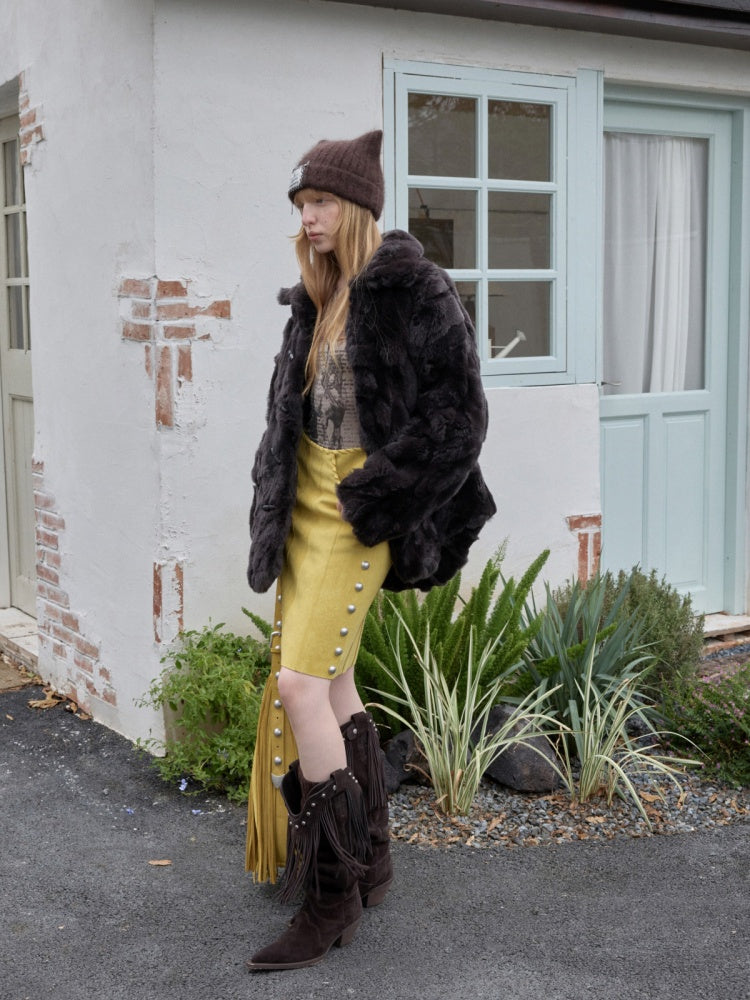 Vintage Suede Riveted High-Waisted A-Line Midi Waist With Rope Design Skirt【s0000014959】