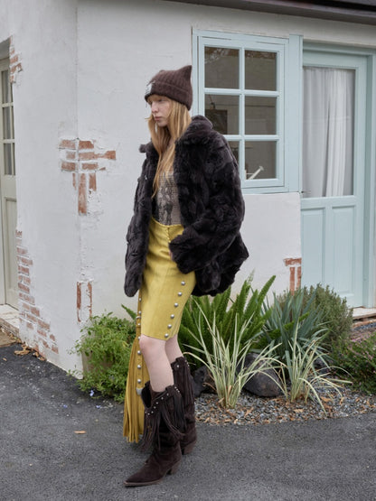 Vintage Suede Riveted High-Waisted A-Line Midi Waist With Rope Design Skirt【s0000014959】