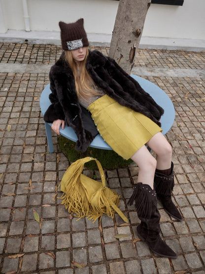 Vintage Suede Riveted High-Waisted A-Line Midi Waist With Rope Design Skirt【s0000014959】