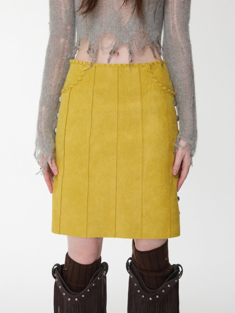 Vintage Suede Riveted High-Waisted A-Line Midi Waist With Rope Design Skirt【s0000014959】