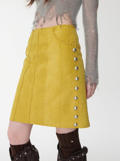 Vintage Suede Riveted High-Waisted A-Line Midi Waist With Rope Design Skirt【s0000014959】