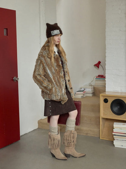 Vintage Suede Riveted High-Waisted A-Line Midi Waist With Rope Design Skirt【s0000014959】