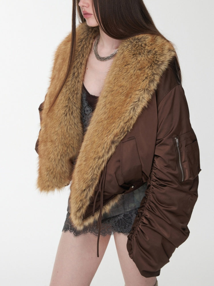 Vintage Workwear Style Sleeved Flight Lapel Fleece Design Short Jacket【s0000014960】