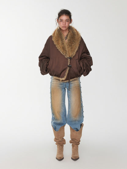 Vintage Workwear Style Sleeved Flight Lapel Fleece Design Short Jacket【s0000014960】