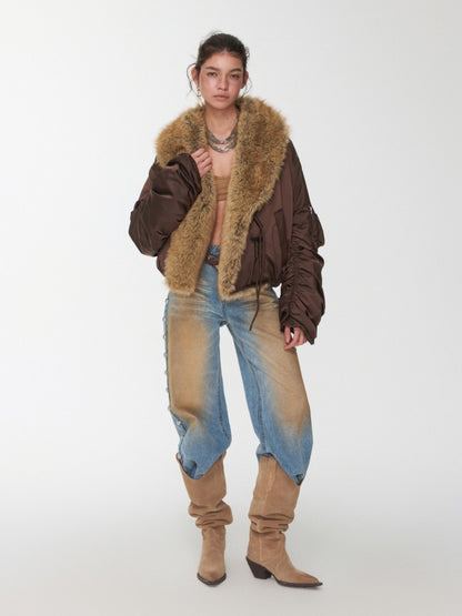 Vintage Workwear Style Sleeved Flight Lapel Fleece Design Short Jacket【s0000014960】
