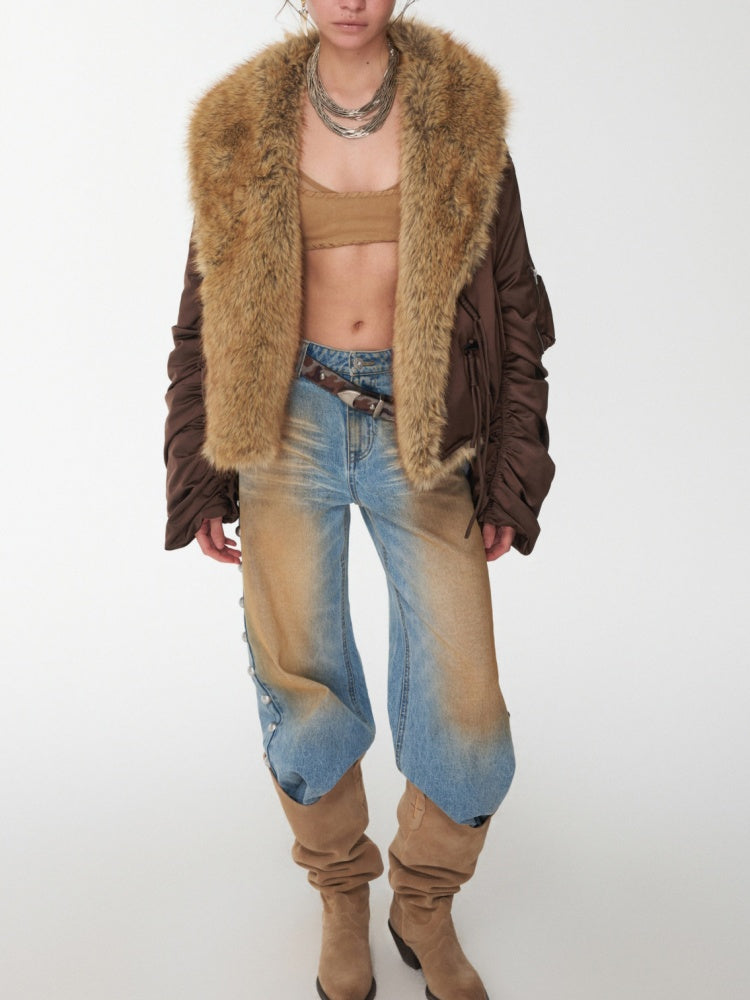 Vintage Workwear Style Sleeved Flight Lapel Fleece Design Short Jacket【s0000014960】