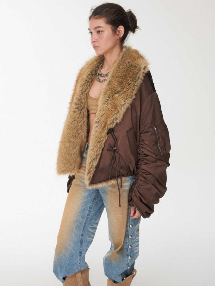 Vintage Workwear Style Sleeved Flight Lapel Fleece Design Short Jacket【s0000014960】